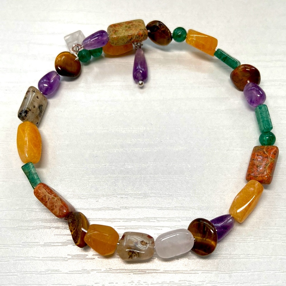 Handmade mixed gemstone memory wire bracelet.